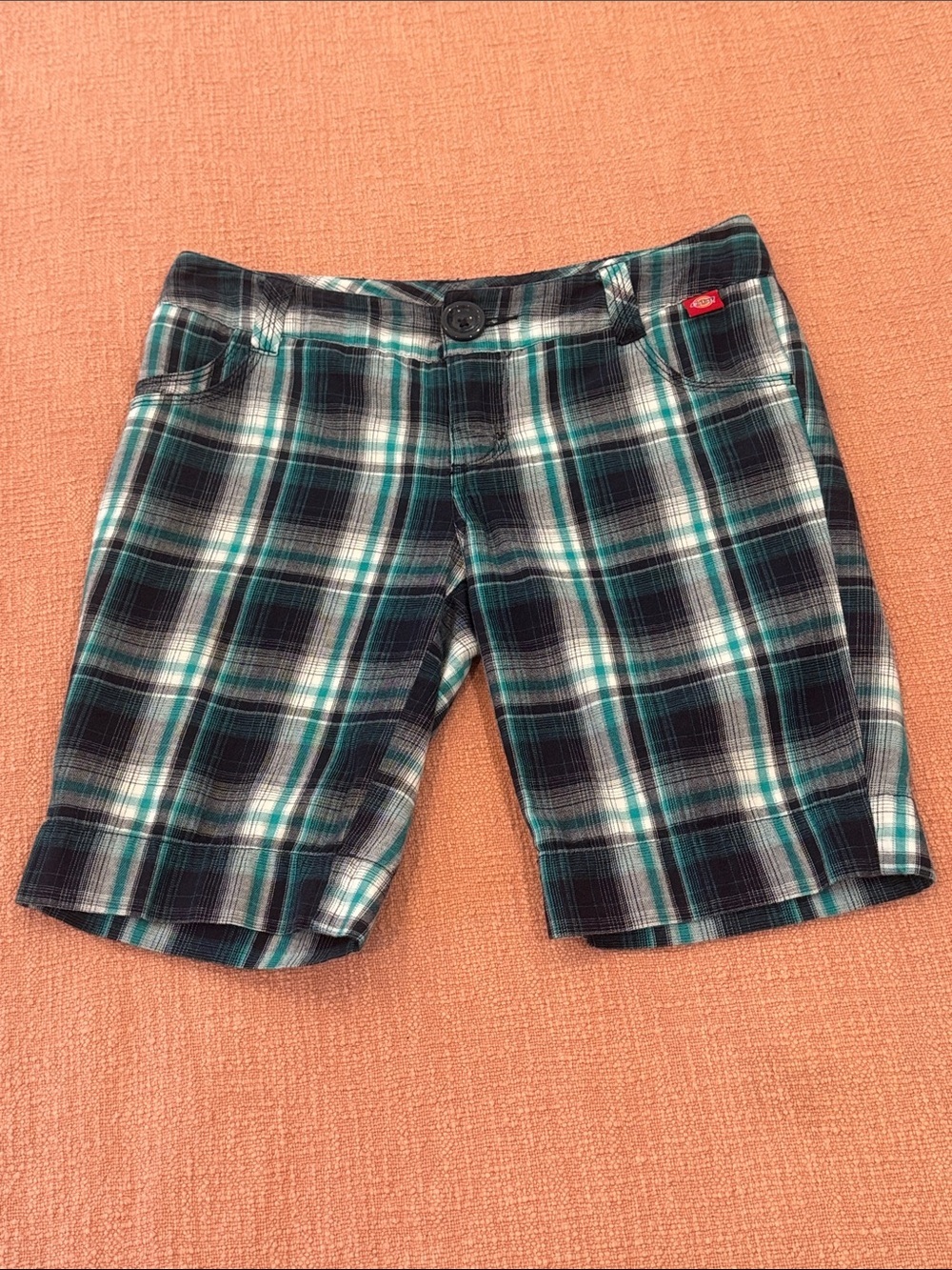 Dickies Women's Teal, Black & White Plaid Bermuda Shorts